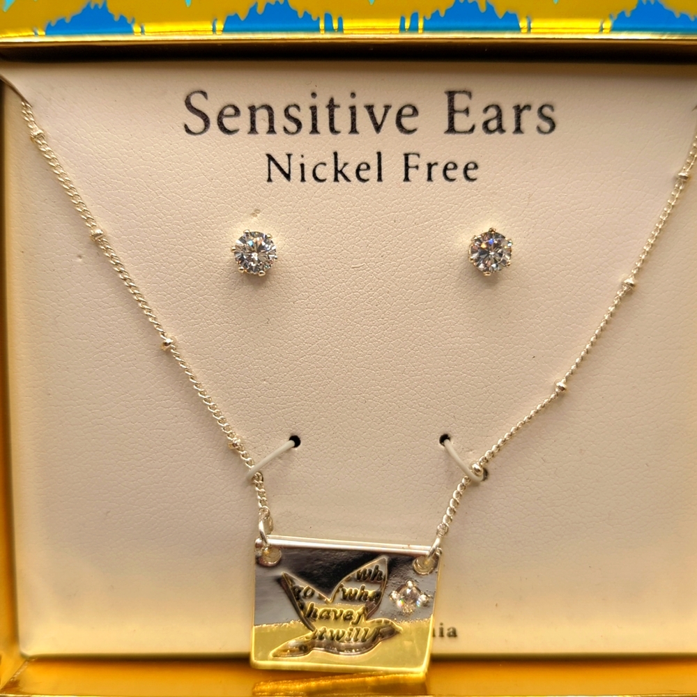 Jewelry Box Set.  Inspirational Necklace and Post CZ Earrings.